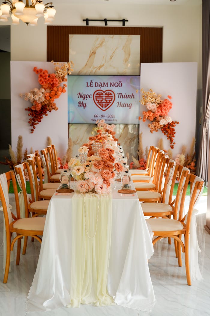 Beautifully decorated engagement ceremony venue with floral arrangements and chairs