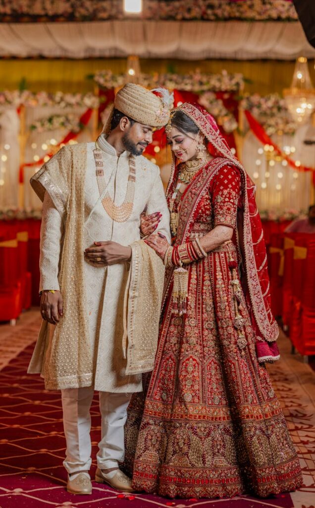 Beautiful Indian couple in traditional wedding attire, showcasing rich cultural heritage and elegance.
